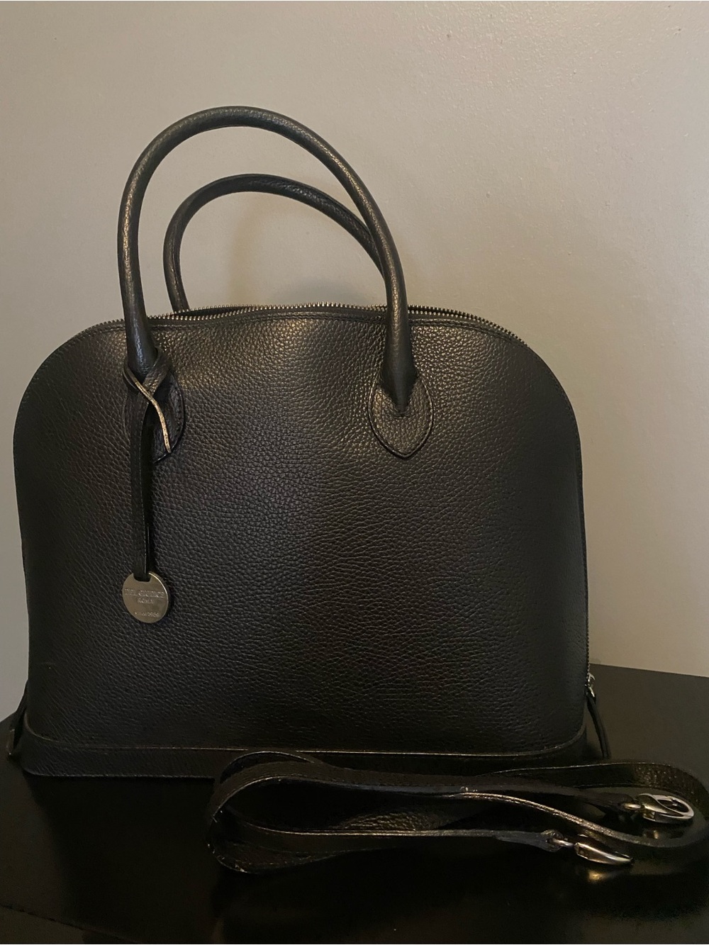 Structured Black Leather Dome Satchel with Detachable Strap